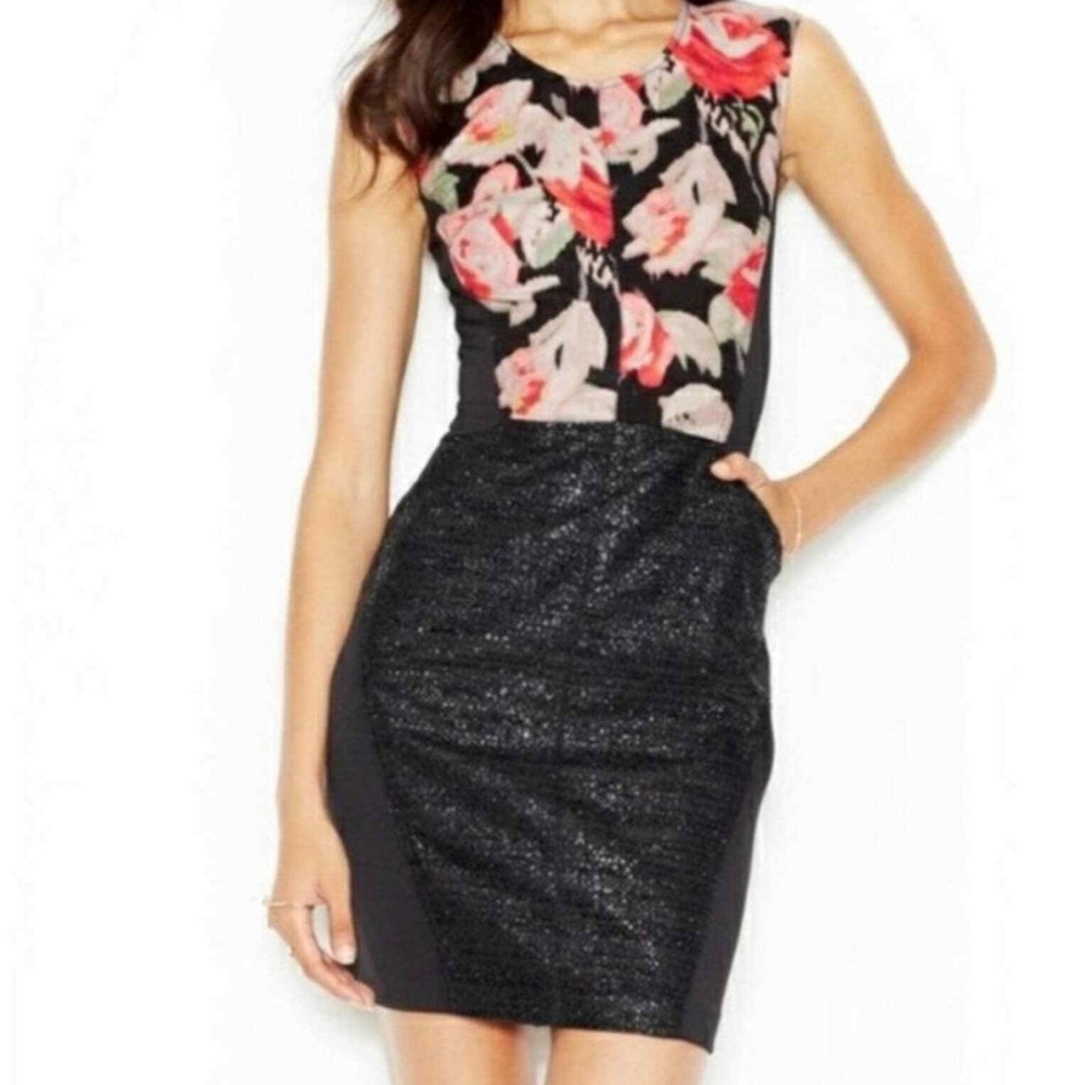 RACHEL RACHEL ROY Floral Print Sleeveless Mixed Media Knee Length Sheath Dress 2